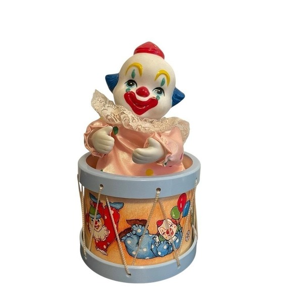 Unbranded Other - Vintage Animated Clown Music Box Circus Drum Wind Up Porcelain Pink Kitsch Toy